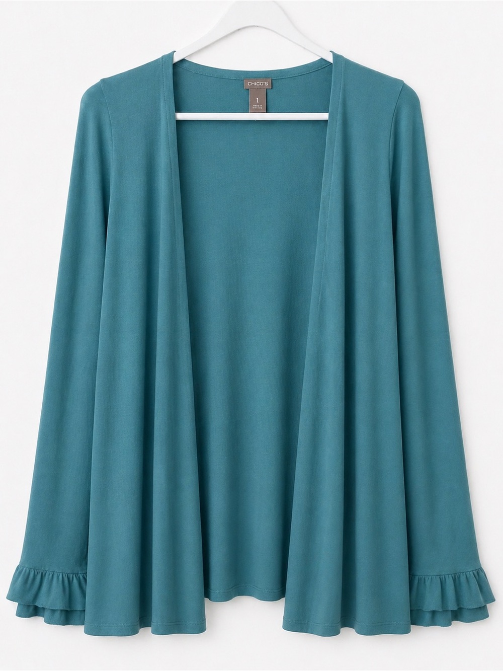 Chico’s Teal Open Front Cardigan Ruffle Sleeve Lightweight Layer Size 1 (M)